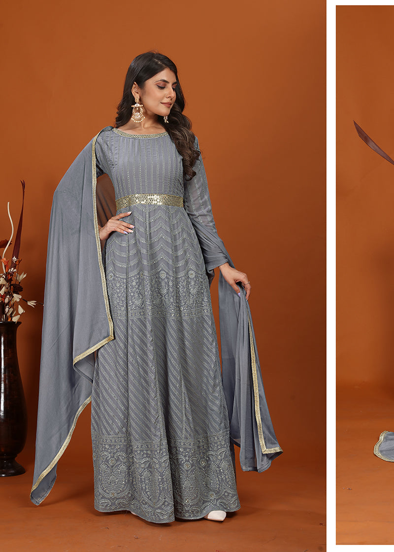 Monjolika Fashion Faux Georgette Embroidered Readymade Gown In Grey - Distacart