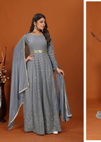 Monjolika Fashion Faux Georgette Embroidered Readymade Gown In Grey - Distacart