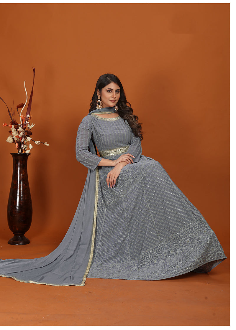 Monjolika Fashion Faux Georgette Embroidered Readymade Gown In Grey - Distacart