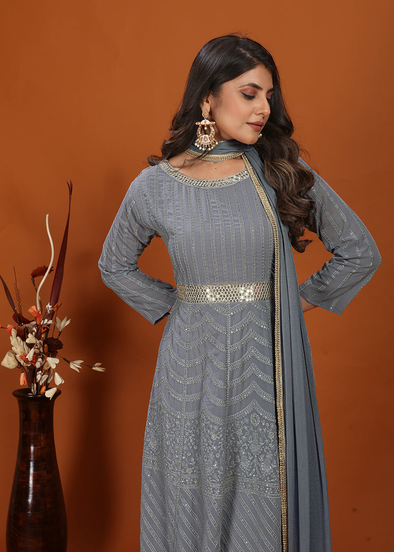 Monjolika Fashion Faux Georgette Embroidered Readymade Gown In Grey - Distacart