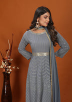 Monjolika Fashion Faux Georgette Embroidered Readymade Gown In Grey - Distacart