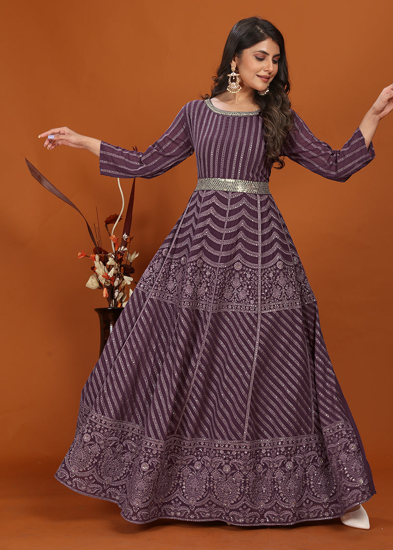Monjolika Fashion Faux Georgette Embroidered Readymade Gown In Wine - Distacart
