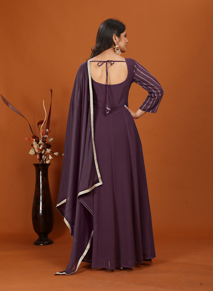 Monjolika Fashion Faux Georgette Embroidered Readymade Gown In Wine - Distacart