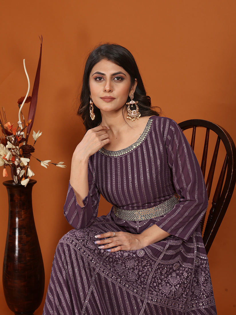 Monjolika Fashion Faux Georgette Embroidered Readymade Gown In Wine - Distacart