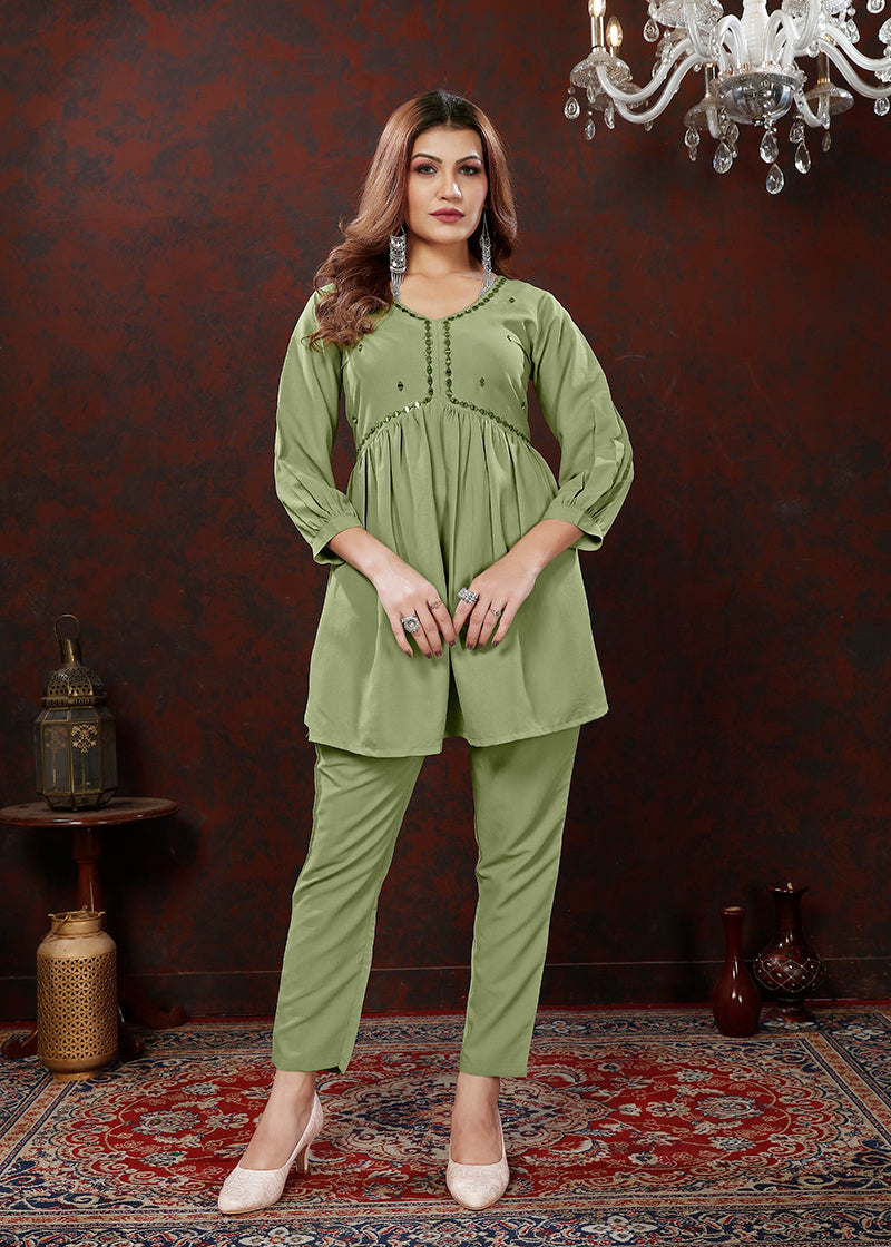 Monjolika Fashion Olive Maaza Cotton With Hand Work Trendy Co Ord Set - Distacart
