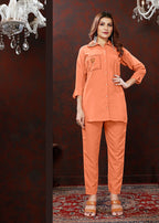 Monjolika Fashion Peach Maaza Cotton With Hand Work Trendy Co Ord Set - Distacart