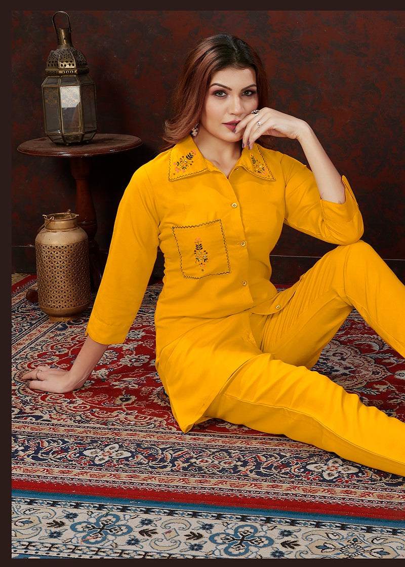 Monjolika Fashion Yellow Maaza Cotton With Hand Work Trendy Co Ord Set - Distacart