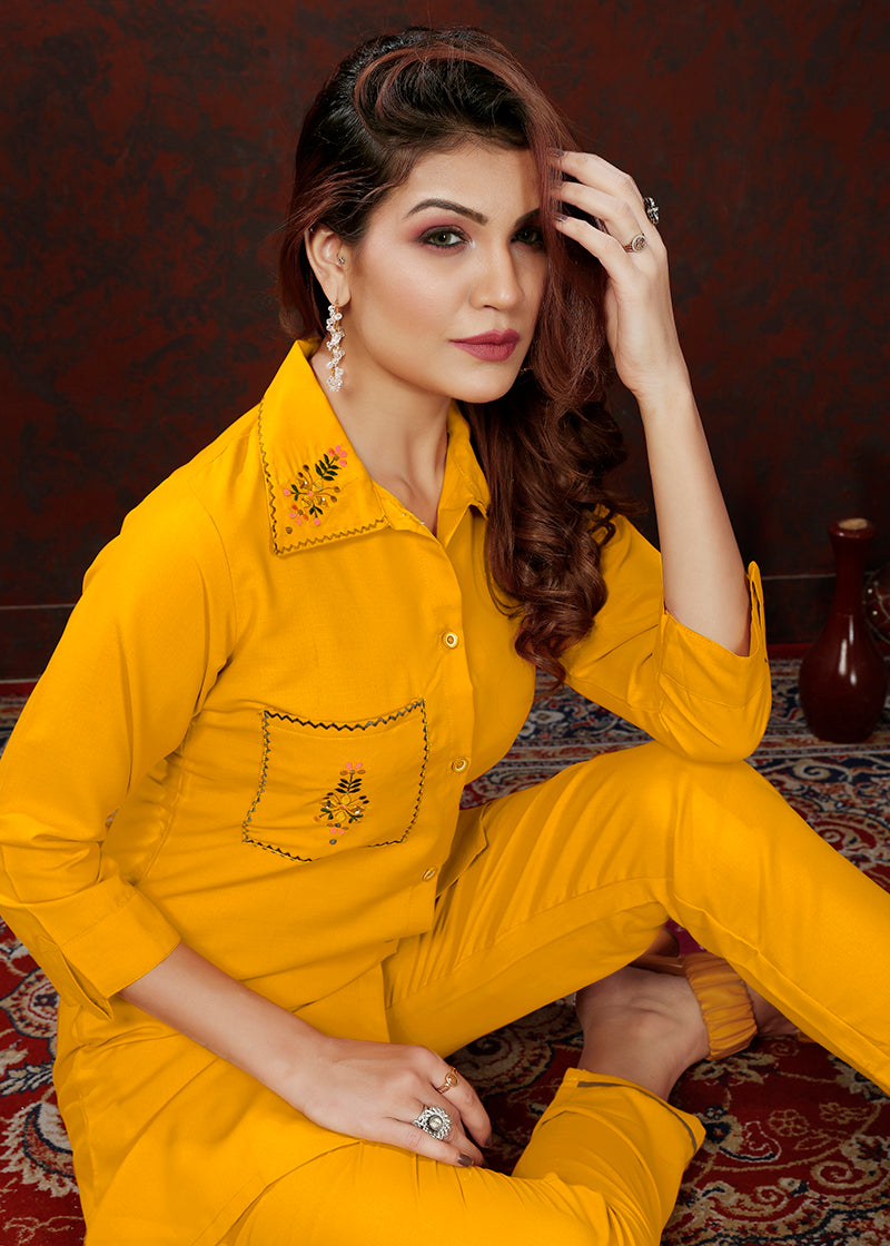 Monjolika Fashion Yellow Maaza Cotton With Hand Work Trendy Co Ord Set - Distacart