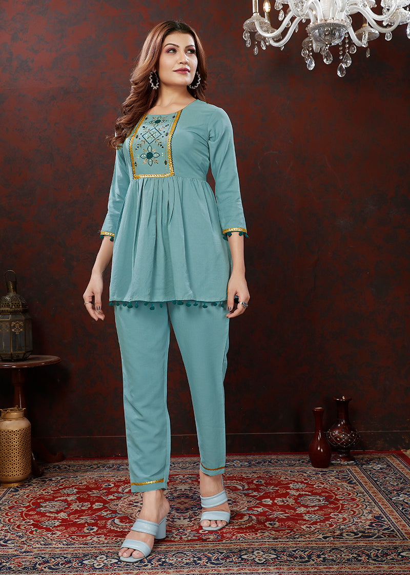 Monjolika Fashion Light Blue Maaza Cotton With Hand Work Trendy Co Ord Set - Distacart