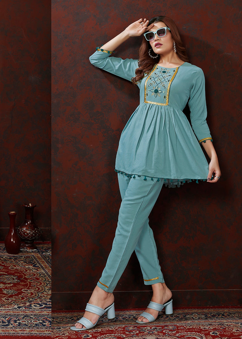Monjolika Fashion Light Blue Maaza Cotton With Hand Work Trendy Co Ord Set - Distacart