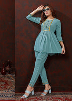 Monjolika Fashion Light Blue Maaza Cotton With Hand Work Trendy Co Ord Set - Distacart