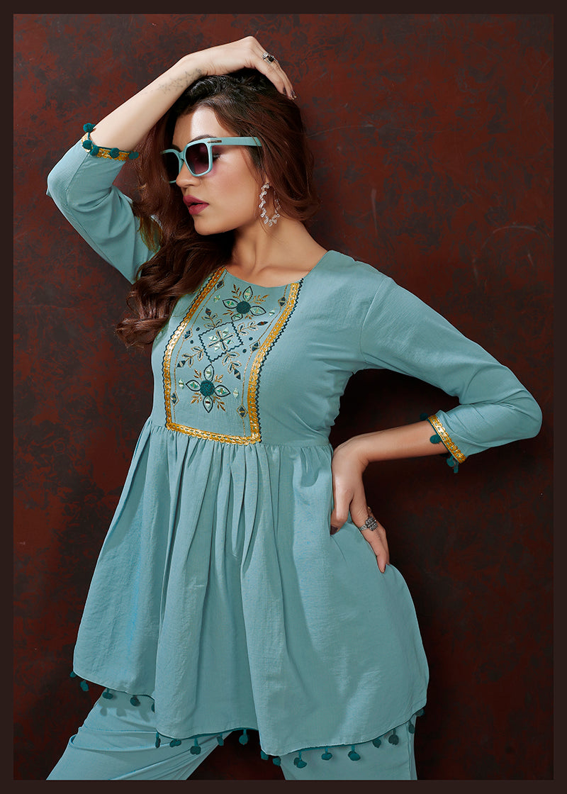 Monjolika Fashion Light Blue Maaza Cotton With Hand Work Trendy Co Ord Set - Distacart