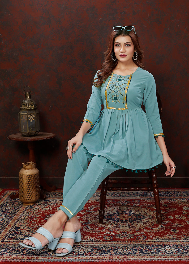 Monjolika Fashion Light Blue Maaza Cotton With Hand Work Trendy Co Ord Set - Distacart