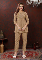 Monjolika Fashion Beige Maaza Cotton With Hand Work Trendy Co Ord Set - Distacart