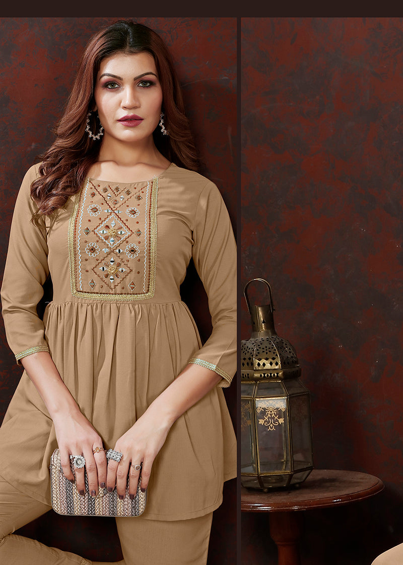 Monjolika Fashion Beige Maaza Cotton With Hand Work Trendy Co Ord Set - Distacart