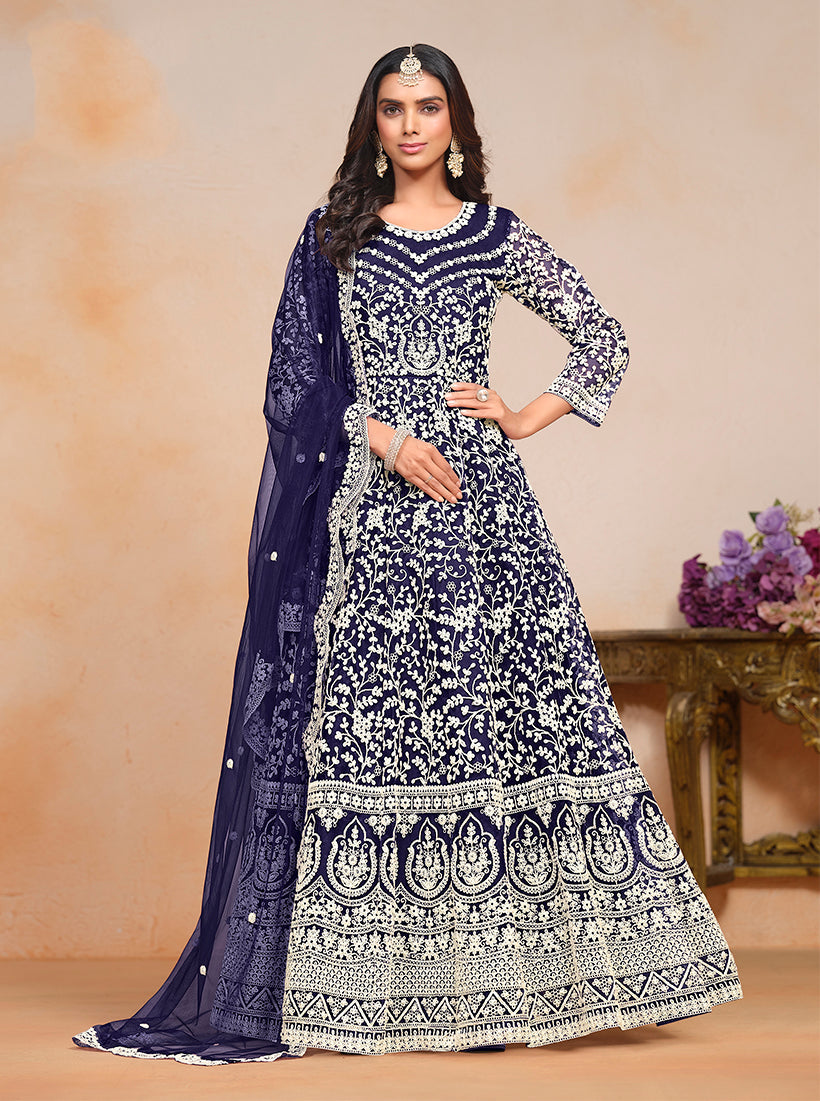 Monjolika Fashion Navy-Blue Color Embroidered Santoon Net Salwar Suit - Distacart