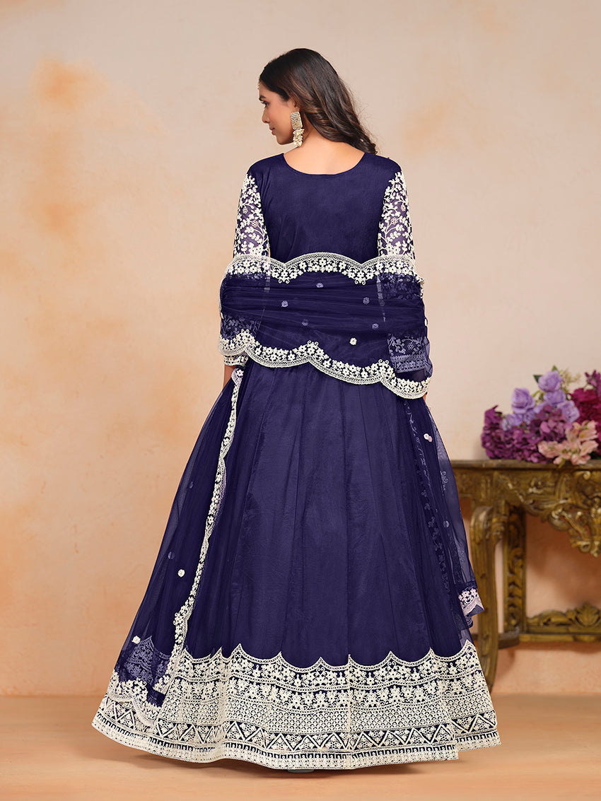 Monjolika Fashion Navy-Blue Color Embroidered Santoon Net Salwar Suit - Distacart