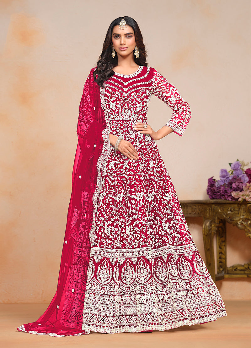Monjolika Fashion Rani-Pink Color Embroidered Santoon Net Salwar Suit - Distacart