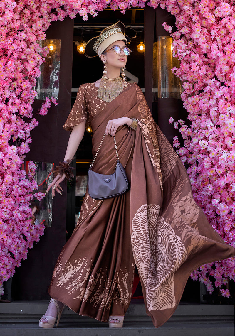 Monjolika Fashion Printed Satin Brown Colour Classic Saree - Distacart
