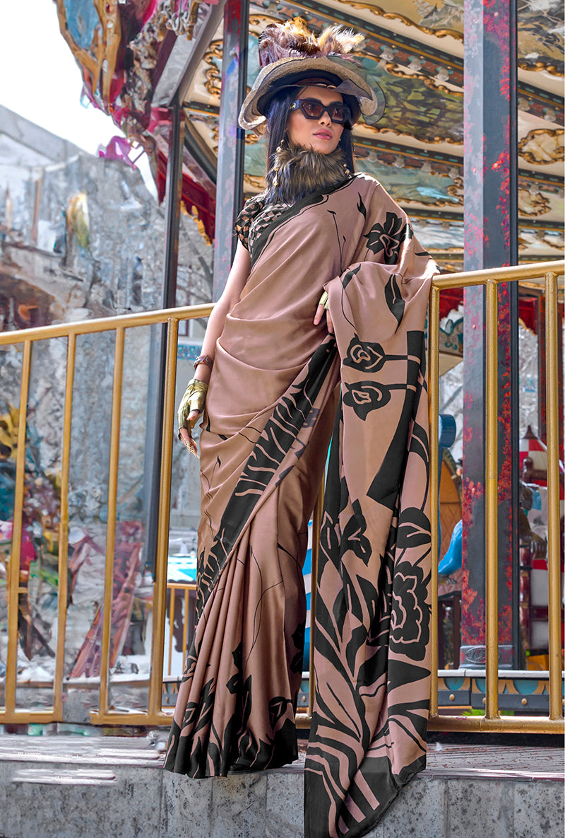Monjolika Fashion Printed Satin Brown Colour Classic Saree - Distacart