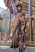 Monjolika Fashion Printed Satin Brown Colour Classic Saree - Distacart