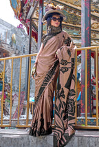 Monjolika Fashion Printed Satin Brown Colour Classic Saree - Distacart