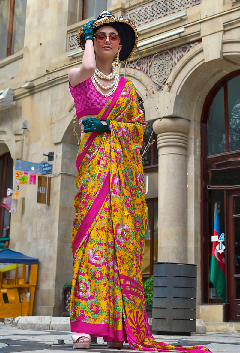 Monjolika Fashion Printed Satin Mustard Colour Classic Saree - Distacart
