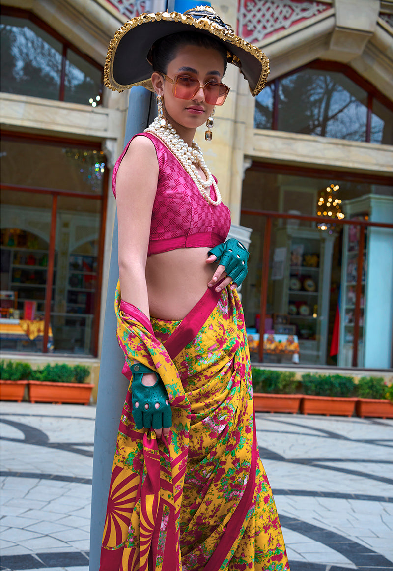 Monjolika Fashion Printed Satin Mustard Colour Classic Saree - Distacart