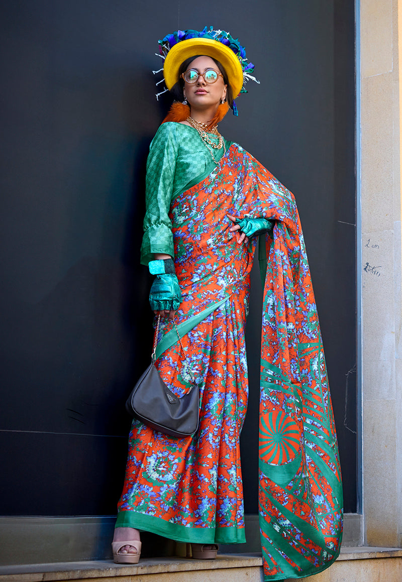 Monjolika Fashion Printed Satin Salmon Colour Classic Saree - Distacart