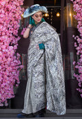 Monjolika Fashion Printed Satin White & Black Colour Classic Saree - Distacart
