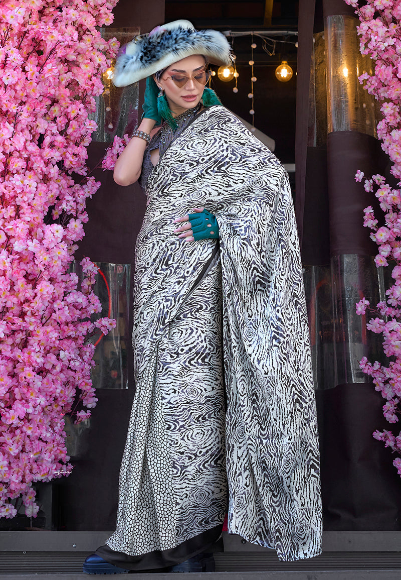 Monjolika Fashion Printed Satin White & Black Colour Classic Saree - Distacart
