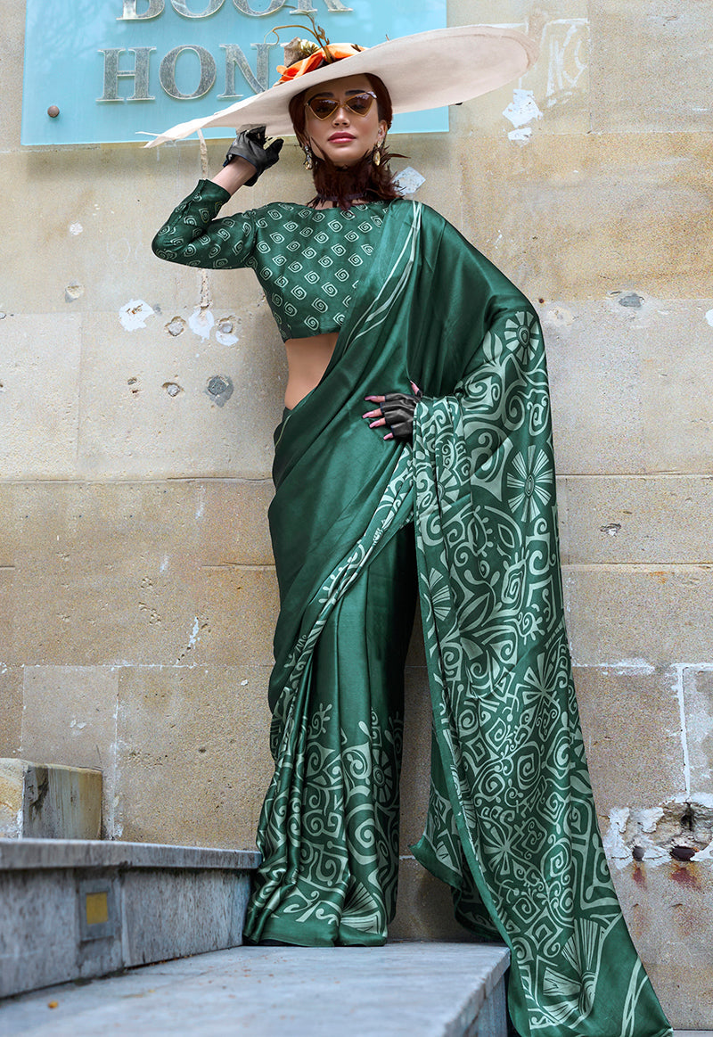 Monjolika Fashion Printed Satin Dark Green Colour Classic Saree - Distacart