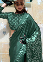 Monjolika Fashion Printed Satin Dark Green Colour Classic Saree - Distacart