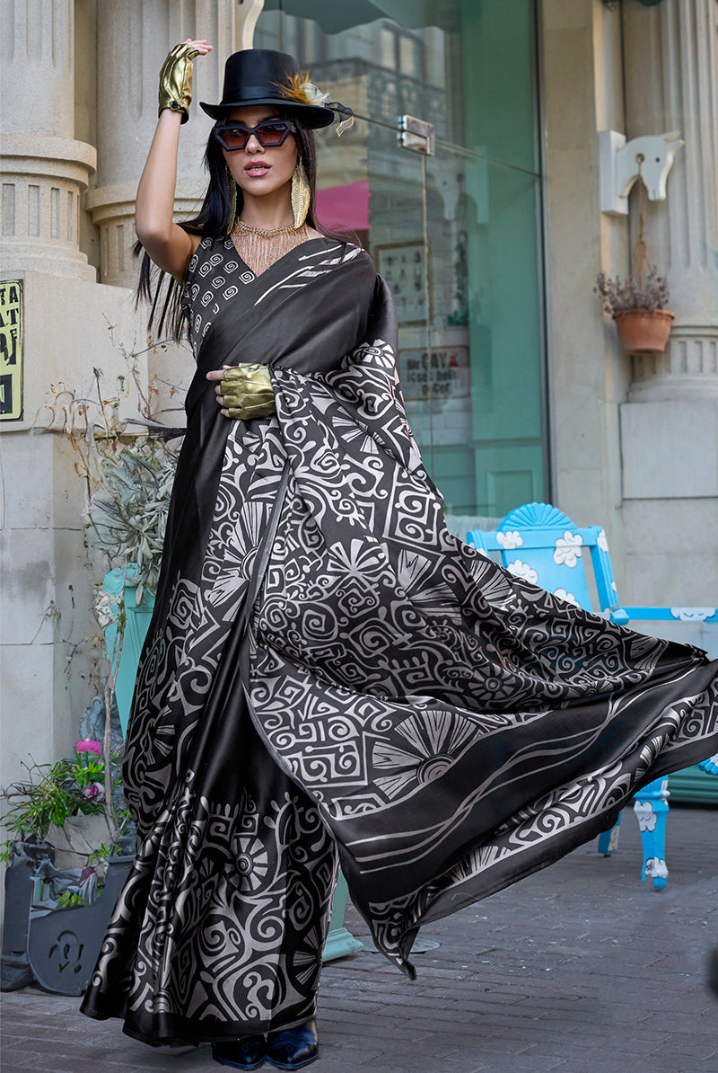 Monjolika Fashion Printed Satin Black Colour Classic Saree - Distacart