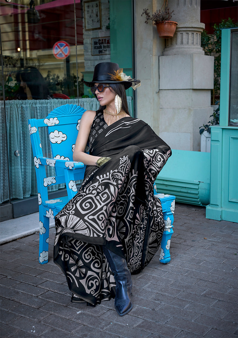 Monjolika Fashion Printed Satin Black Colour Classic Saree - Distacart