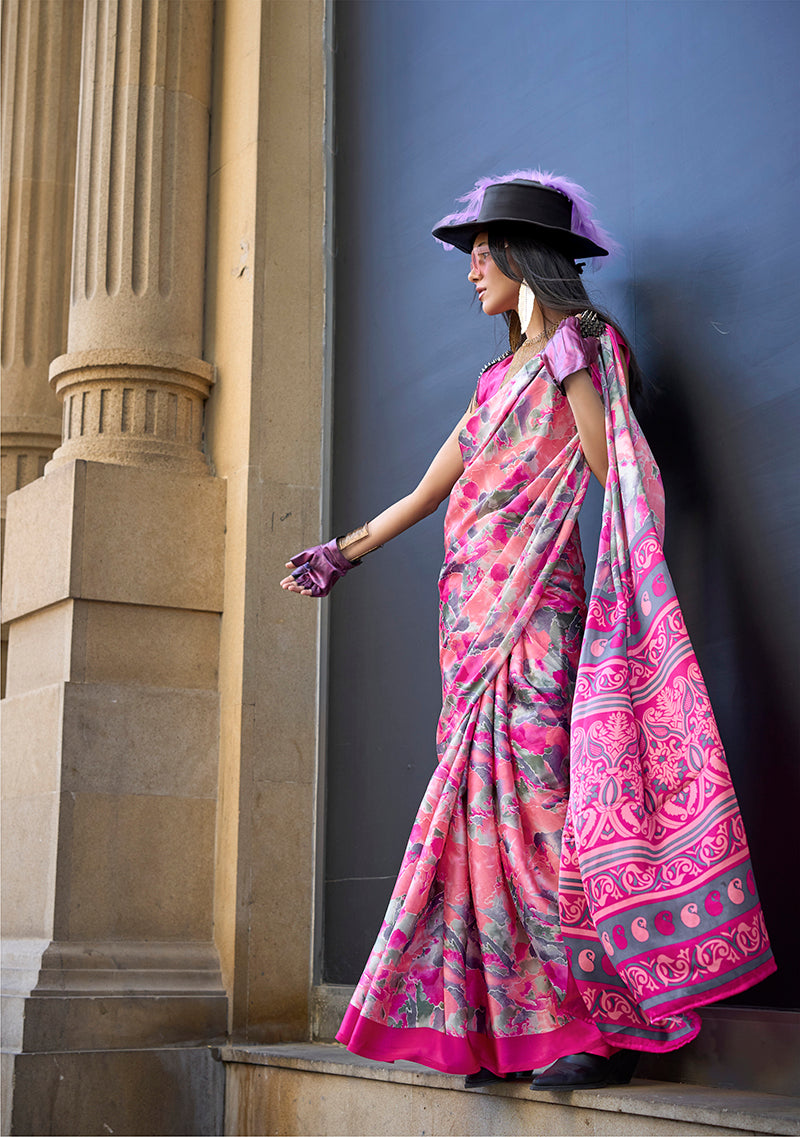 Monjolika Fashion Printed Satin Pink Colour Classic Saree - Distacart