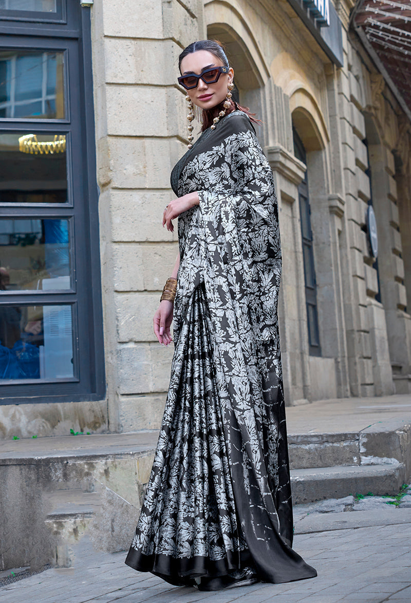 Monjolika Fashion Printed Satin Black Colour Classic Saree