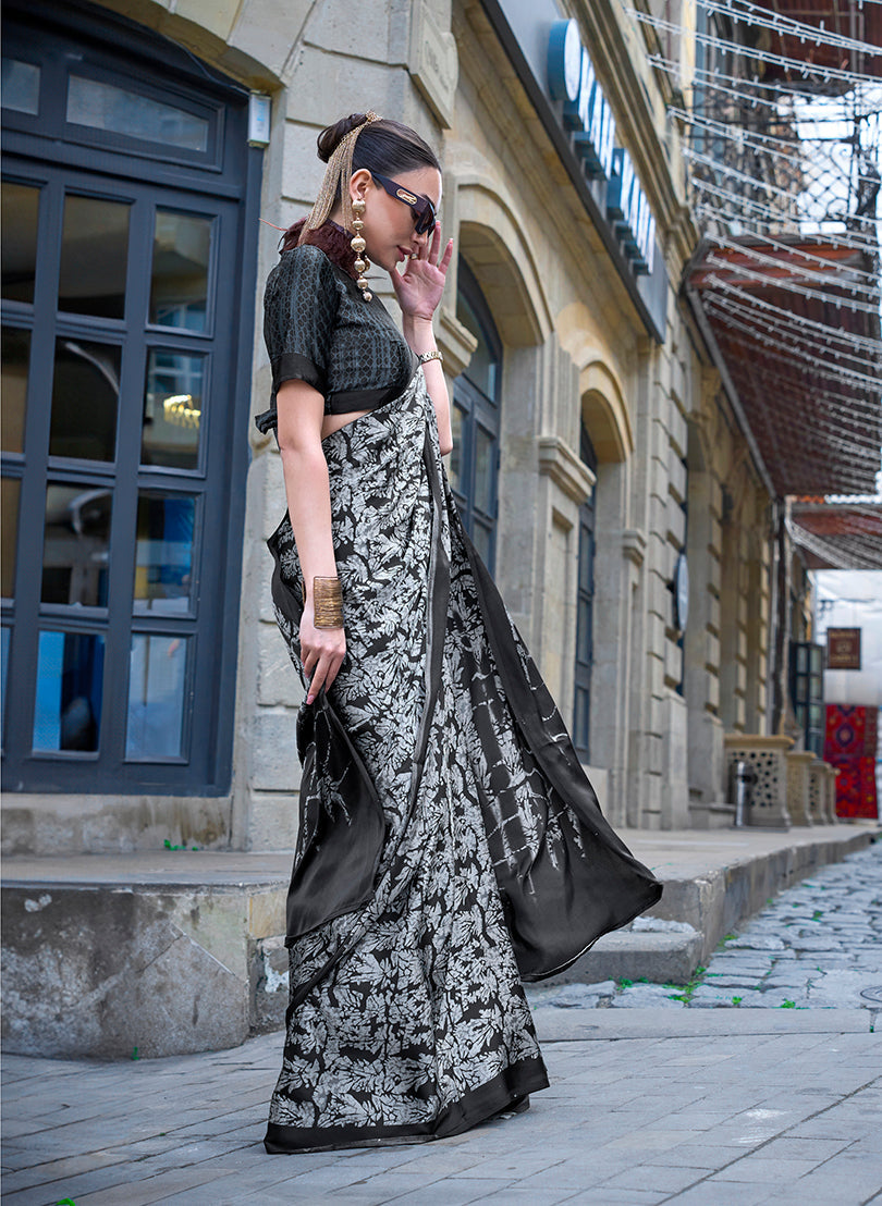 Monjolika Fashion Printed Satin Black Colour Classic Saree