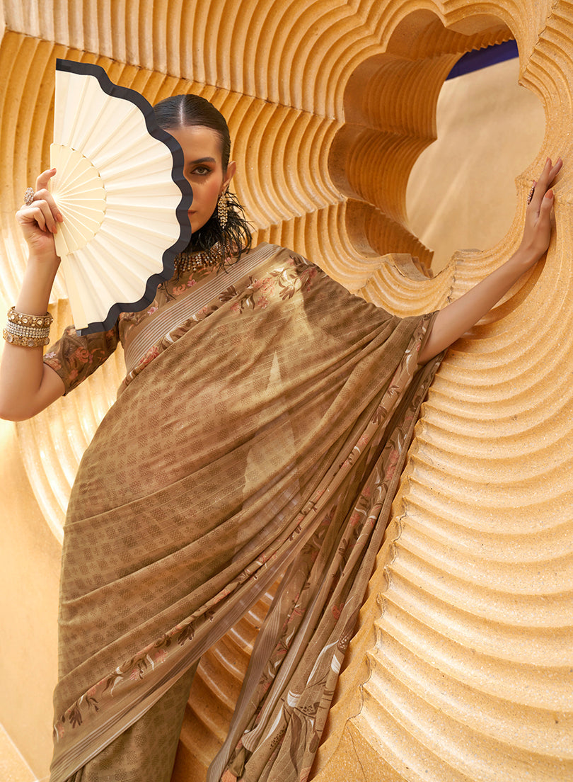 Monjolika Fashion Printed Georgette Classic Saree In Brown - Distacart