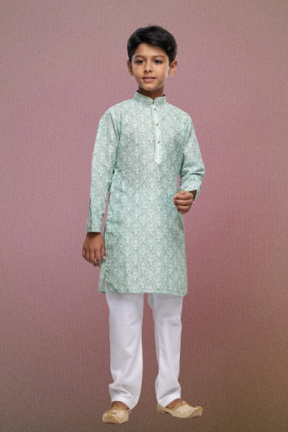 Raivat Ethnic Cotton Thread Work Kids Kurta Pajama In Light Green Colour