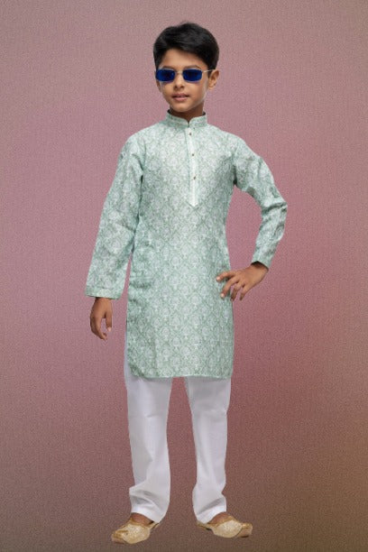 Raivat Ethnic Cotton Thread Work Kids Kurta Pajama In Light Green Colour