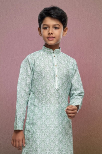 Raivat Ethnic Cotton Thread Work Kids Kurta Pajama In Light Green Colour