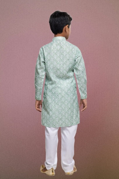 Raivat Ethnic Cotton Thread Work Kids Kurta Pajama In Light Green Colour