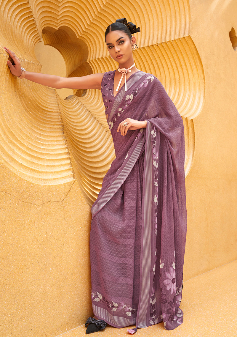Monjolika Fashion Printed Georgette Classic Saree In Purple - Distacart