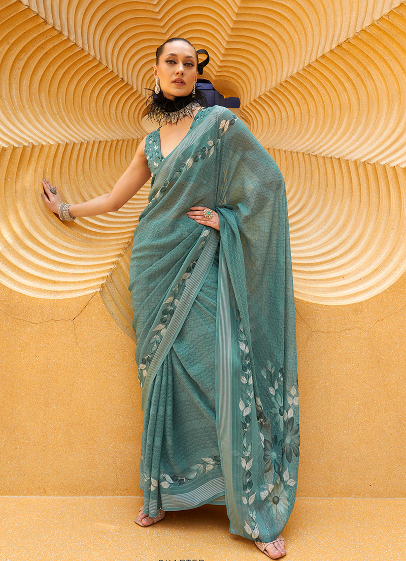 Monjolika Fashion Printed Georgette Classic Saree In Teal - Distacart