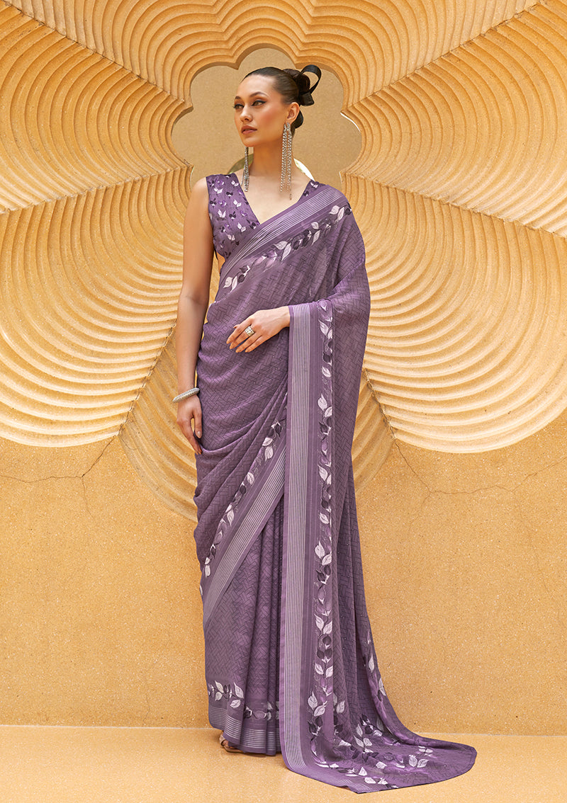 Monjolika Fashion Printed Georgette Classic Saree In Lavender - Distacart