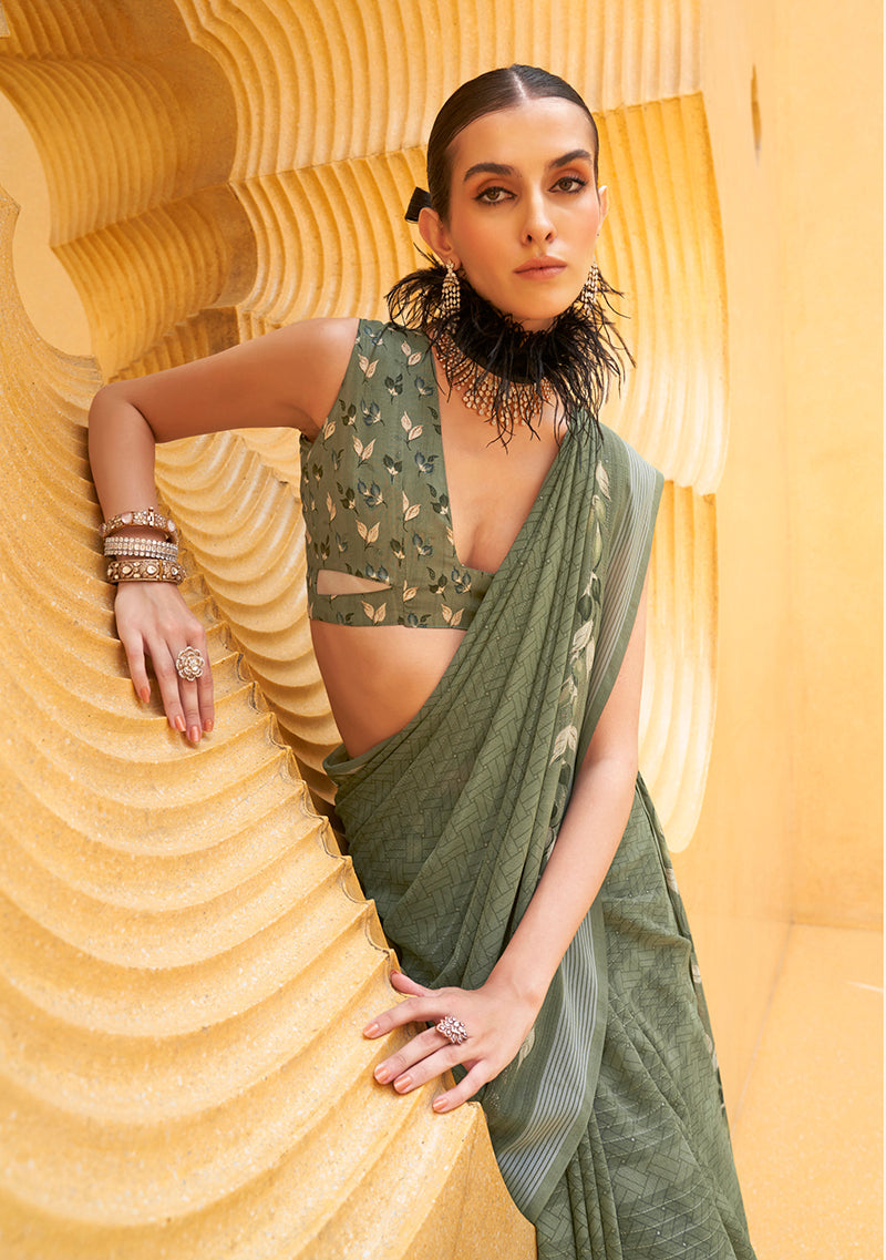 Monjolika Fashion Printed Georgette Classic Saree In Green - Distacart