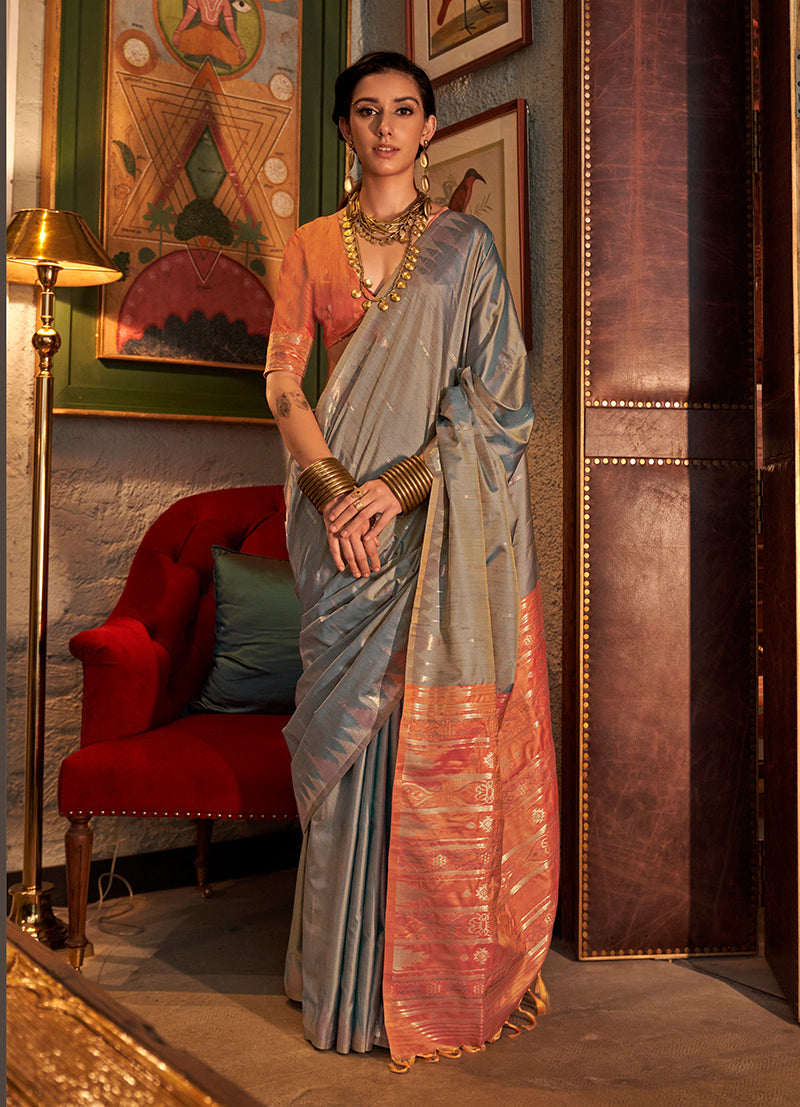Monjolika Fashion Tussar Silk Weaving Grey Traditional Saree - Distacart