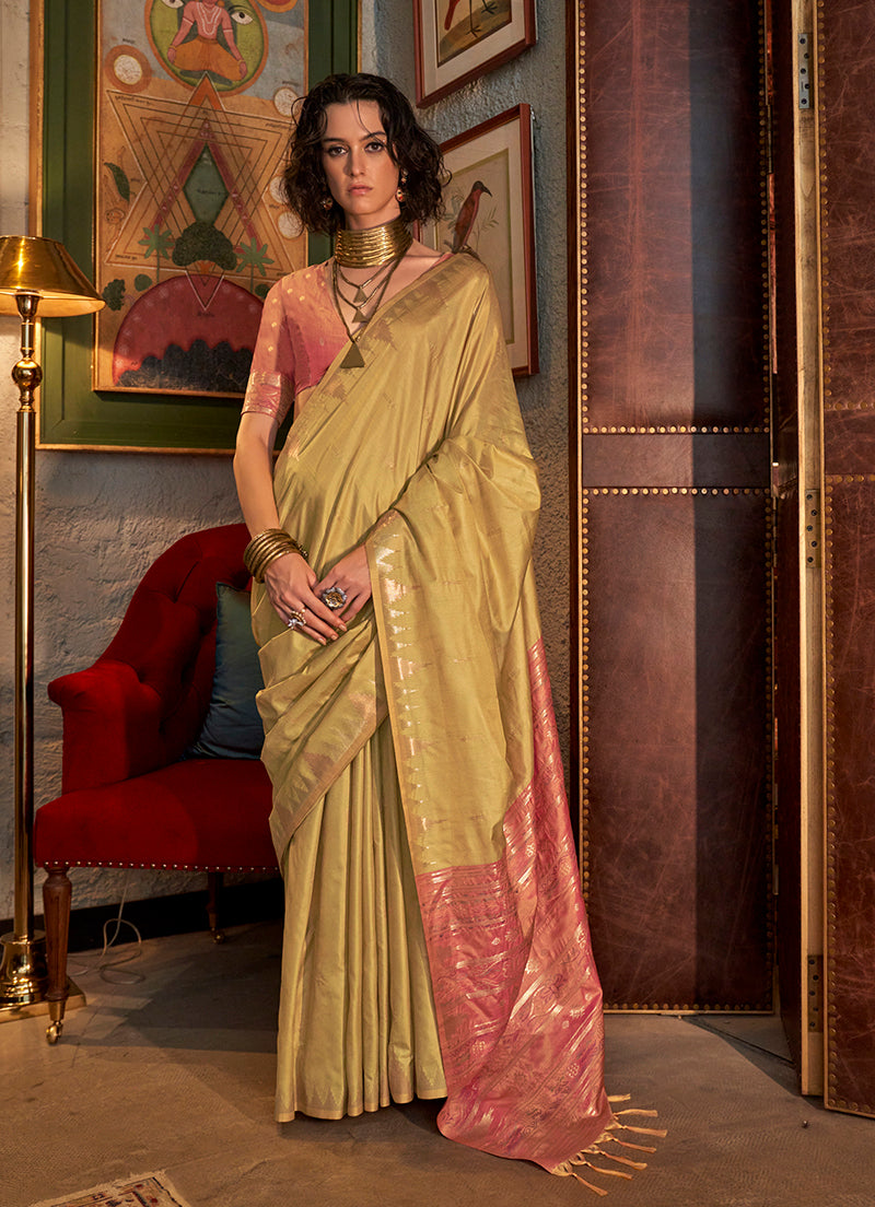 Monjolika Fashion Tussar Silk Weaving Golden Traditional Saree - Distacart
