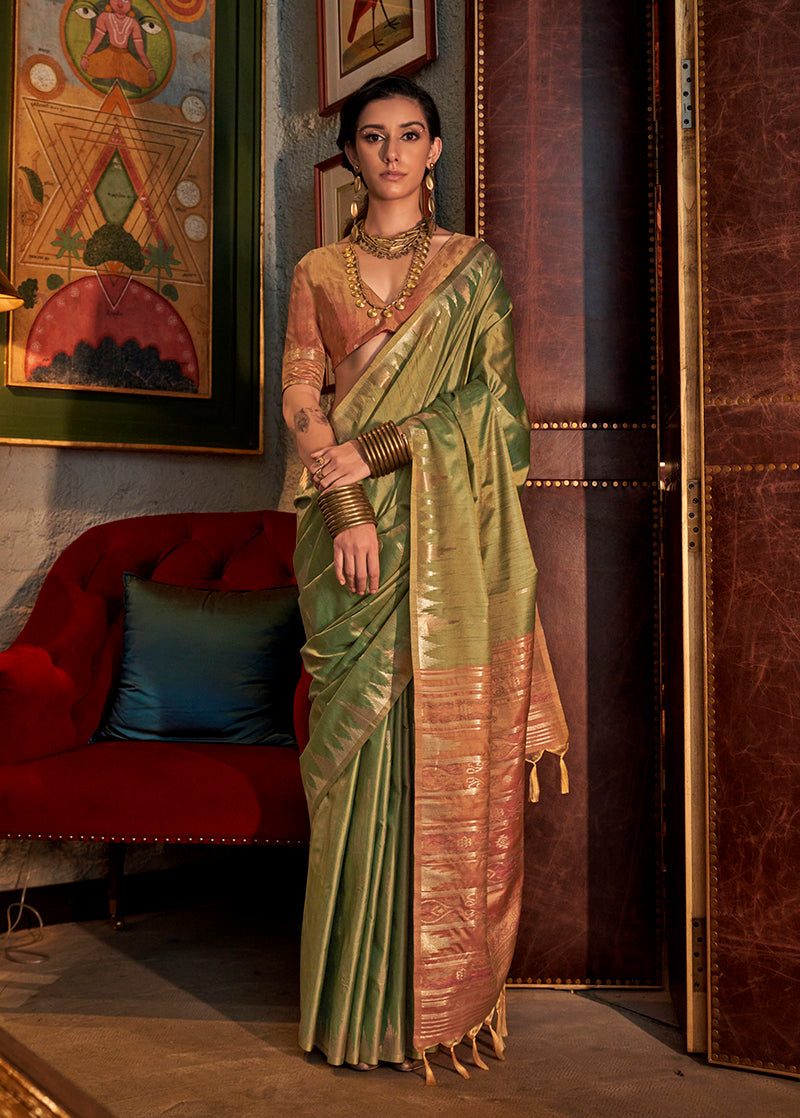 Monjolika Fashion Tussar Silk Weaving Green Traditional Saree